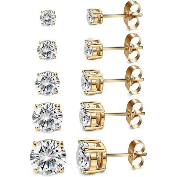 Gold CZ Stud Earrings Set 5 Pairs Round Cubic Zirconia Hypoallergenic Gift - Picture 1 of 7